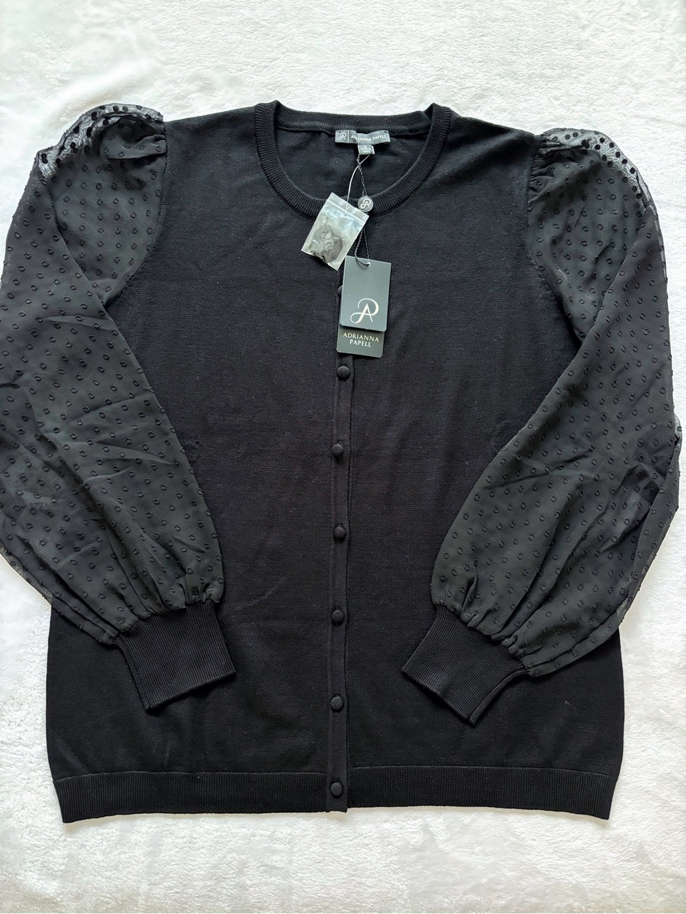 ADRIANNA PAPELL Black Knit Sweater with Sheer Polka Dot Sleeves--NWT—M